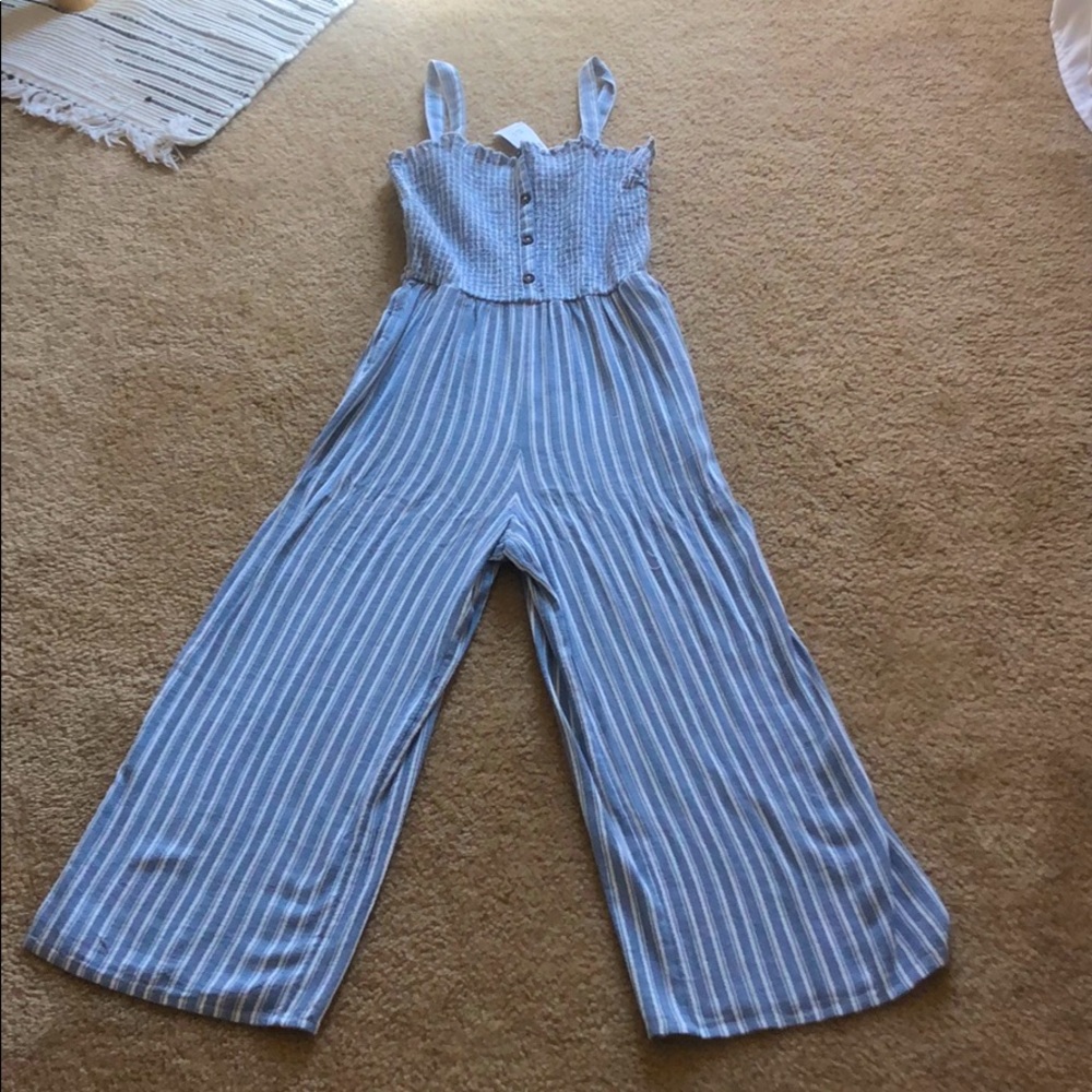 blue and white striped jumpsuit